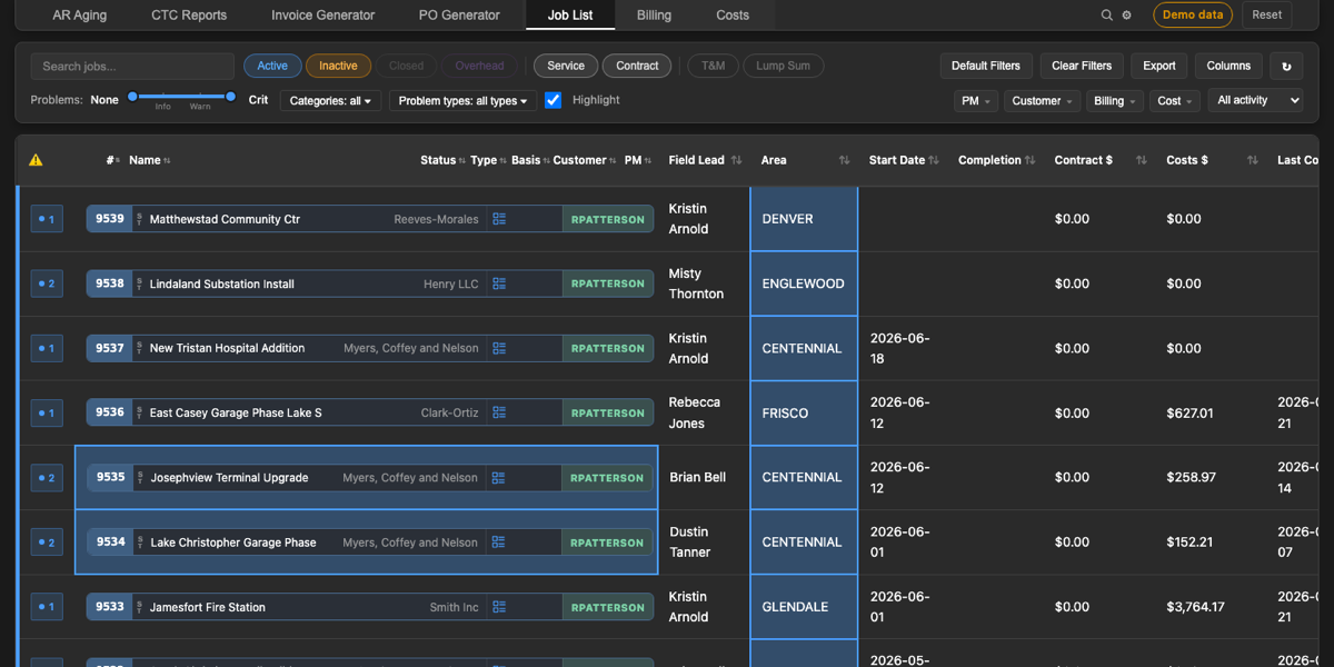 Job Dashboard: job list with contract, cost, and billing columns, plus tabs for AR Aging, CTC Reports, Invoice Generator, PO Generator, Billing, and Costs